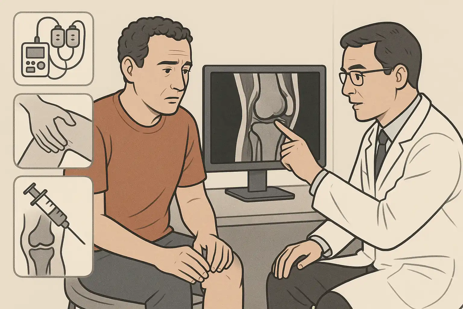 병원에서 무릎 MRI를 보는 의사와 환자, 영상 판독 장면, 물리치료 아이콘(TENS, 도수치료), 주사 치료 아이콘