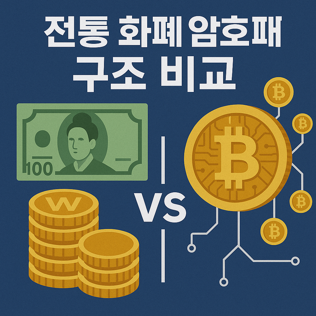 전통 화폐 vs 암호화폐 구조 비교