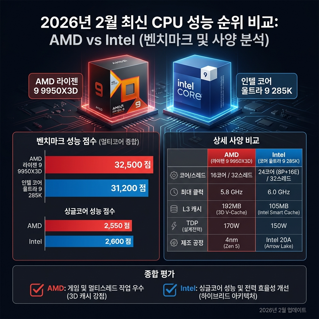 2026년 2월 최신 CPU 성능 순위 비교