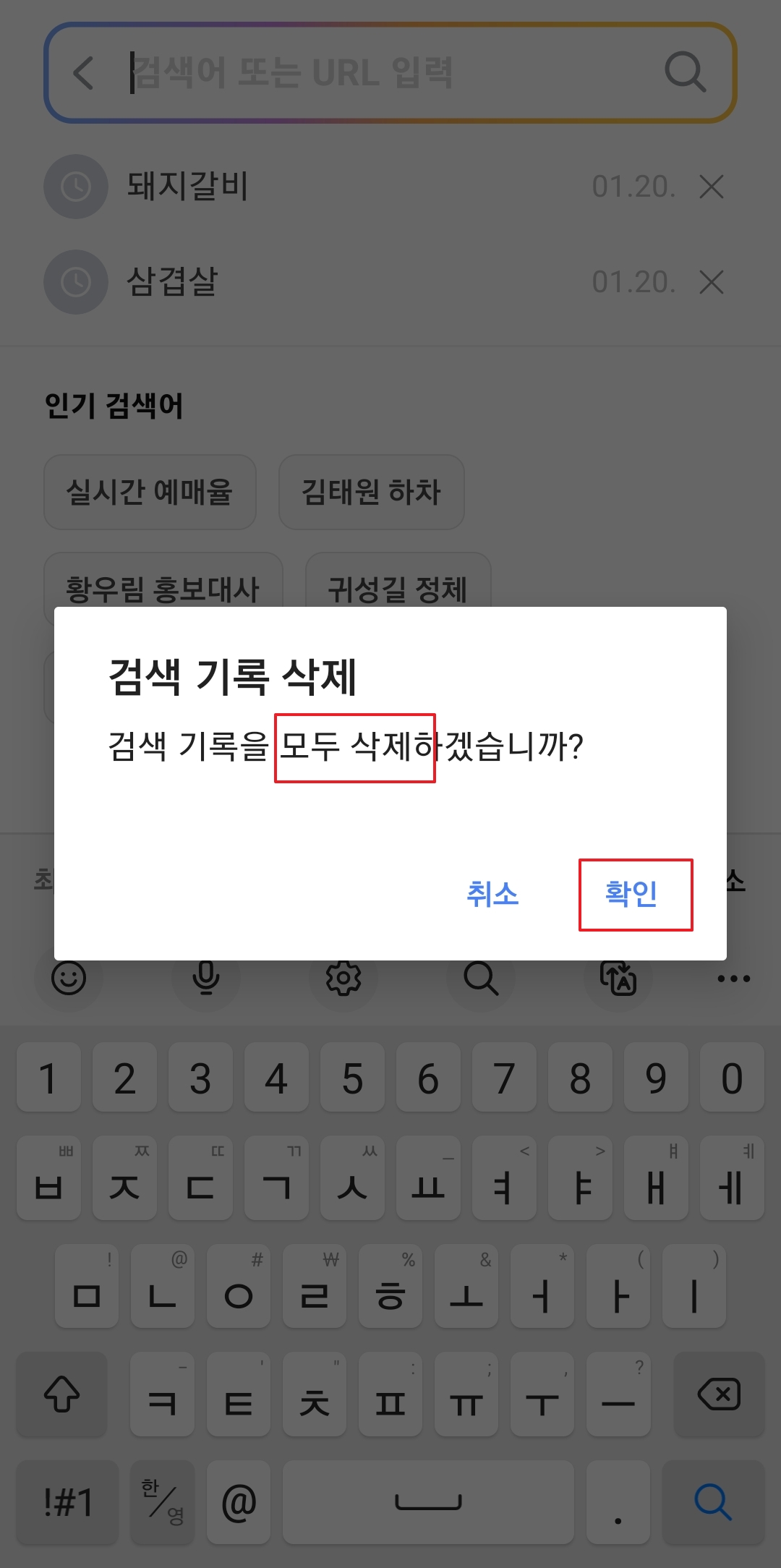 검색 기록 전체 삭제 최종 확인 창