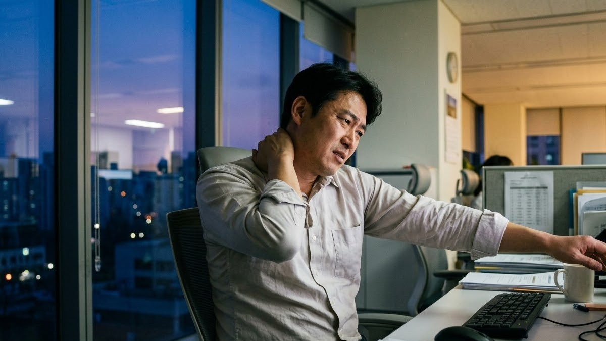 사무실에서 어깨를 움츠린 채 일하다 어깨를 돌리는 남성