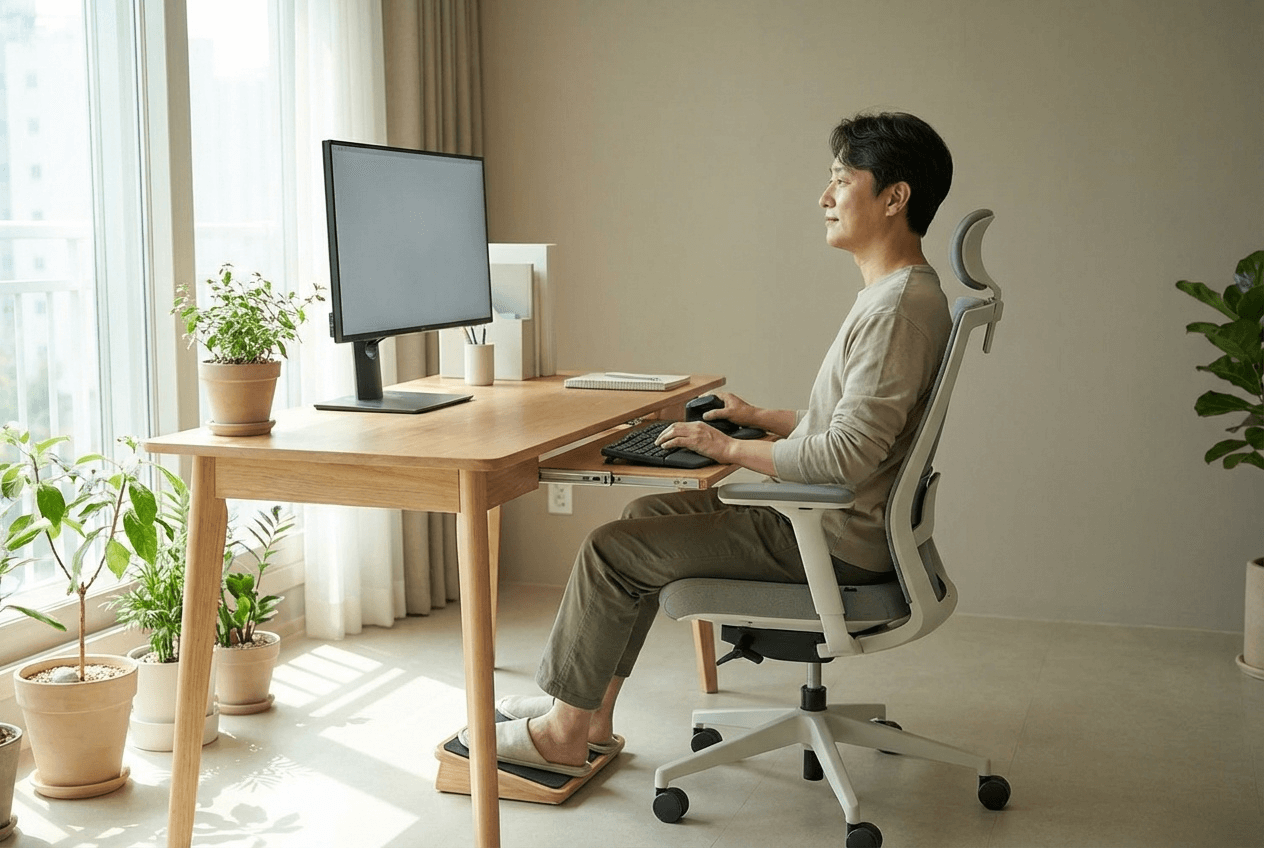 장시간 컴퓨터 작업을 위한 올바른 책상 자세 세팅(모니터 눈높이, 팔꿈치 90도)