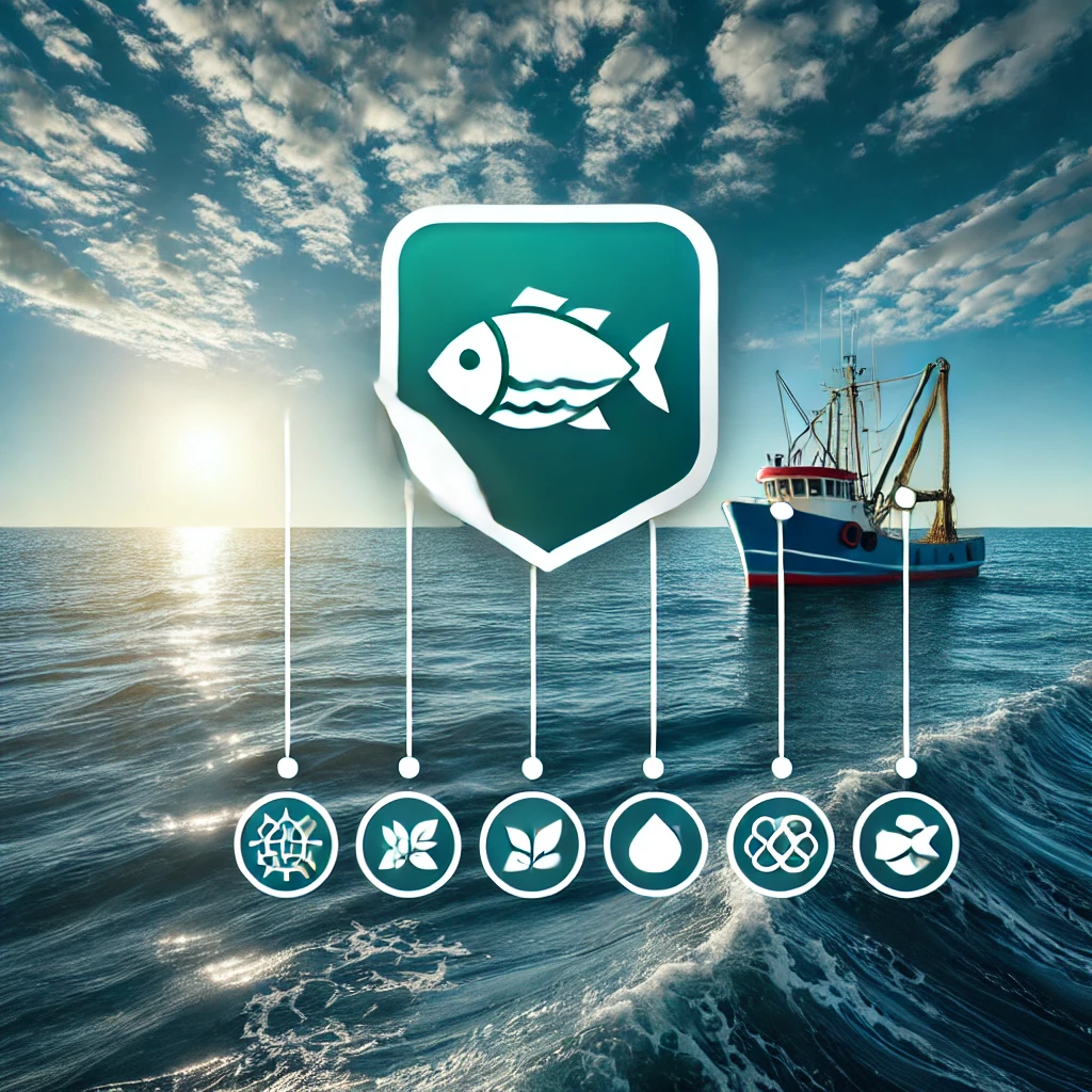 지속 가능한 어업을 주제로 푸른 바다 위에서 환경을 보호하며 생태계를 보존하는 어업 활동을 나타내는 이미지. 배경에는 깨끗한 바다와 밝은 하늘이 펼쳐져 있으며, 수산물과 함께 해양 보호 구역을 상징하는 표식이 보이는 장면.