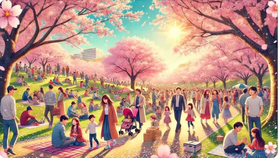 벚꽃 축제장에서 즐거운 사람들의 모습을 표현한 이미지