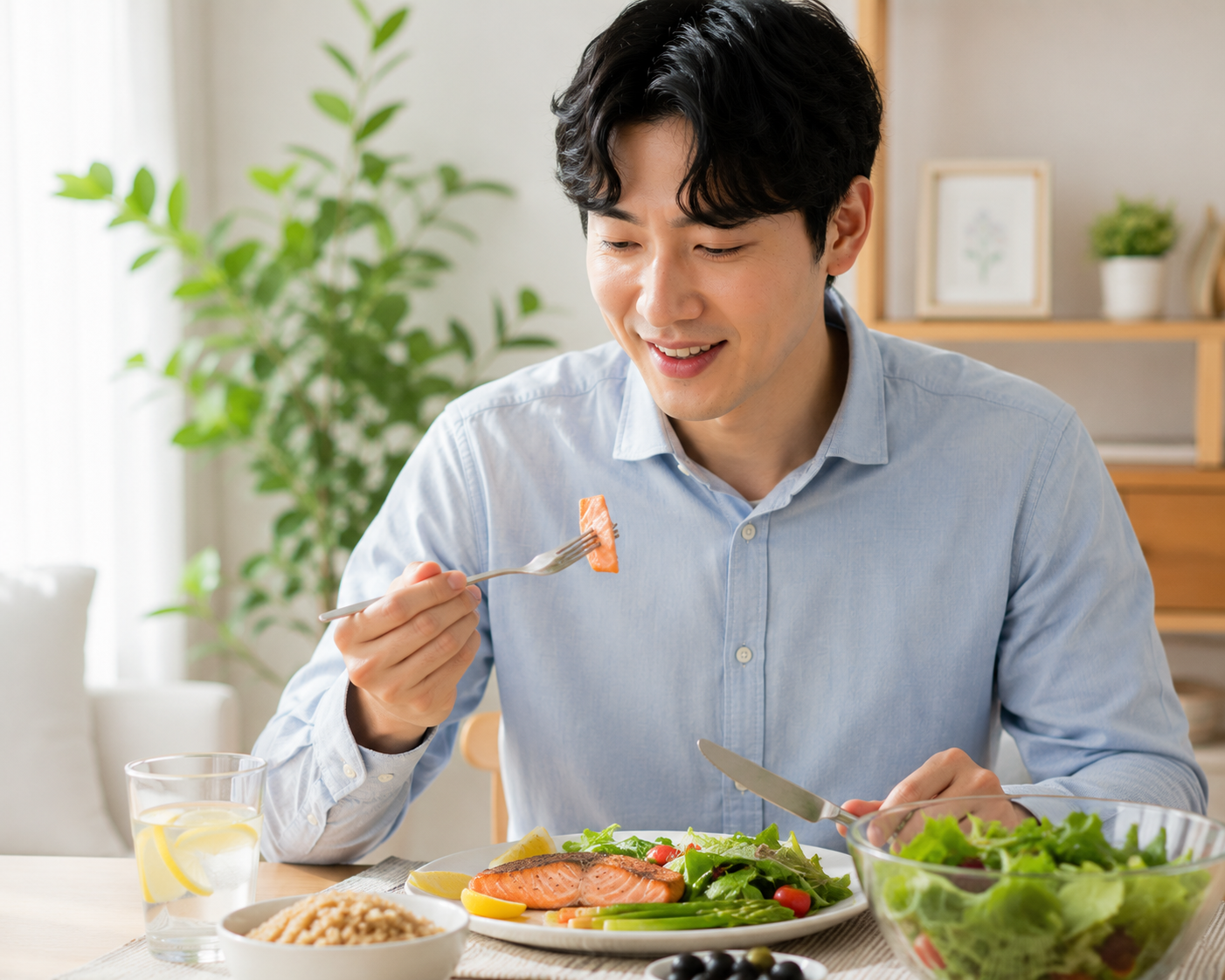 등푸른생선을 섭취하며 건강 관리를 하는 모습
