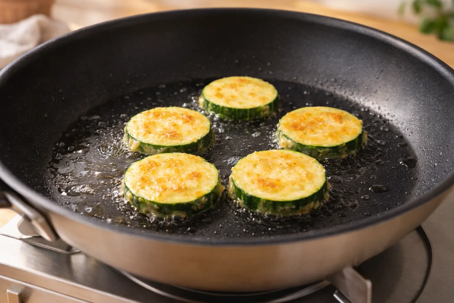 프라이팬에 애호박전을 4~5장 올려 노릇하게 부치는 모습