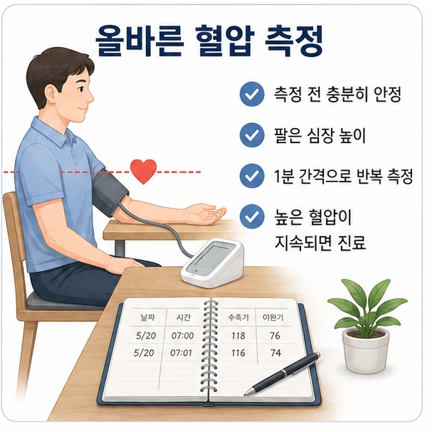 바른 자세에서 혈압을 반복 측정하고 기록해 한 번의 수치보다 평균적인 혈압과 지속적인 변화를 확인하는 방법을 보여 주는 그림
