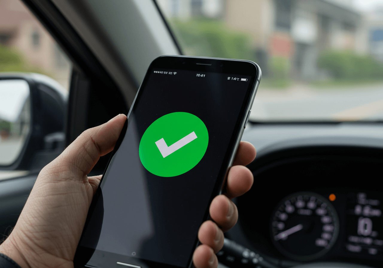 차량 내부에서 손에 들린 스마트폰을 비스듬한 각도로 촬영한 사실적인 사진. 화면은 반만 보이며, 큰 초록색 체크 마크가 중심에 보이며, 결제가 완료된 느낌만 전달. 한글이나 영어 등 텍스트는 화면에 나타나지 않음. 자연광, 일상적인 분위기, 현실적인 사진 스타일