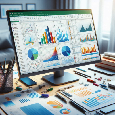 여러 대의 컴퓨터에서 다양한 차트와 그래프가 표시된 엑셀 파일을 작업하는 모습입니다.