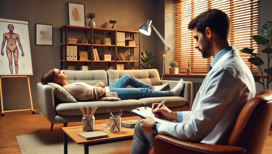 정신과 상담을 받고 있는 환자와 진찰중인 의사 사진