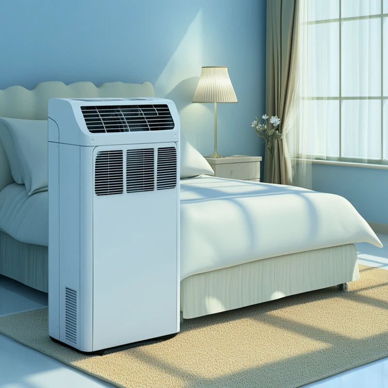 조용한 이동식 에어컨이 평화로운 침실에서 쾌적한 숙면 환경을 제공합니다. 부드러운 컬러가 안락함을 더해, 편안한 휴식과 편의를 보장합니다.