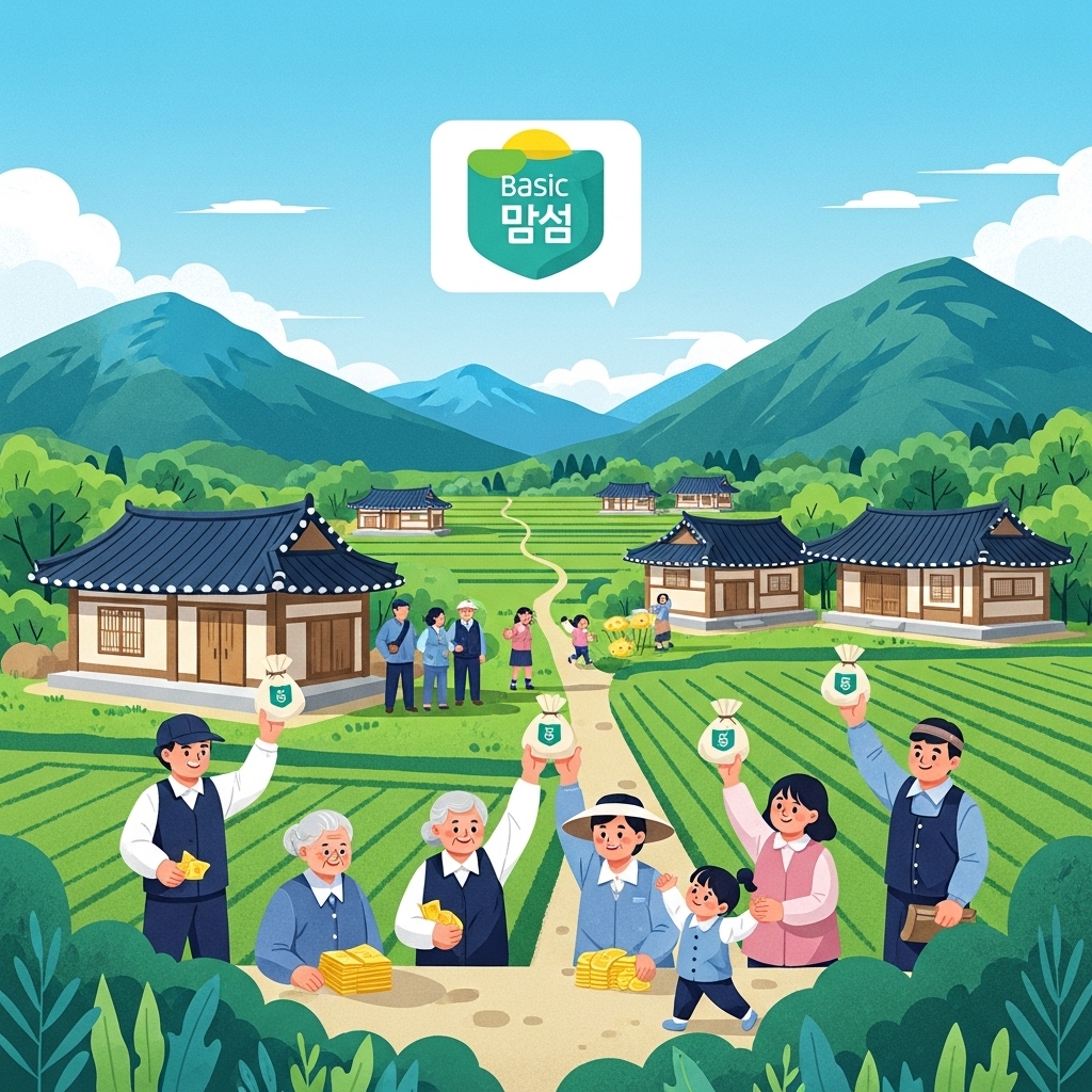 푸른 농촌 풍경 속에서 행복하게 어울리는 다양한 연령대의 농어촌 주민들과 기본소득 상징 이미지를 배경으로 한 포스터. 정부 지원과 지역 경제 활성화를 나타내는 밝고 희망찬 분위기.
