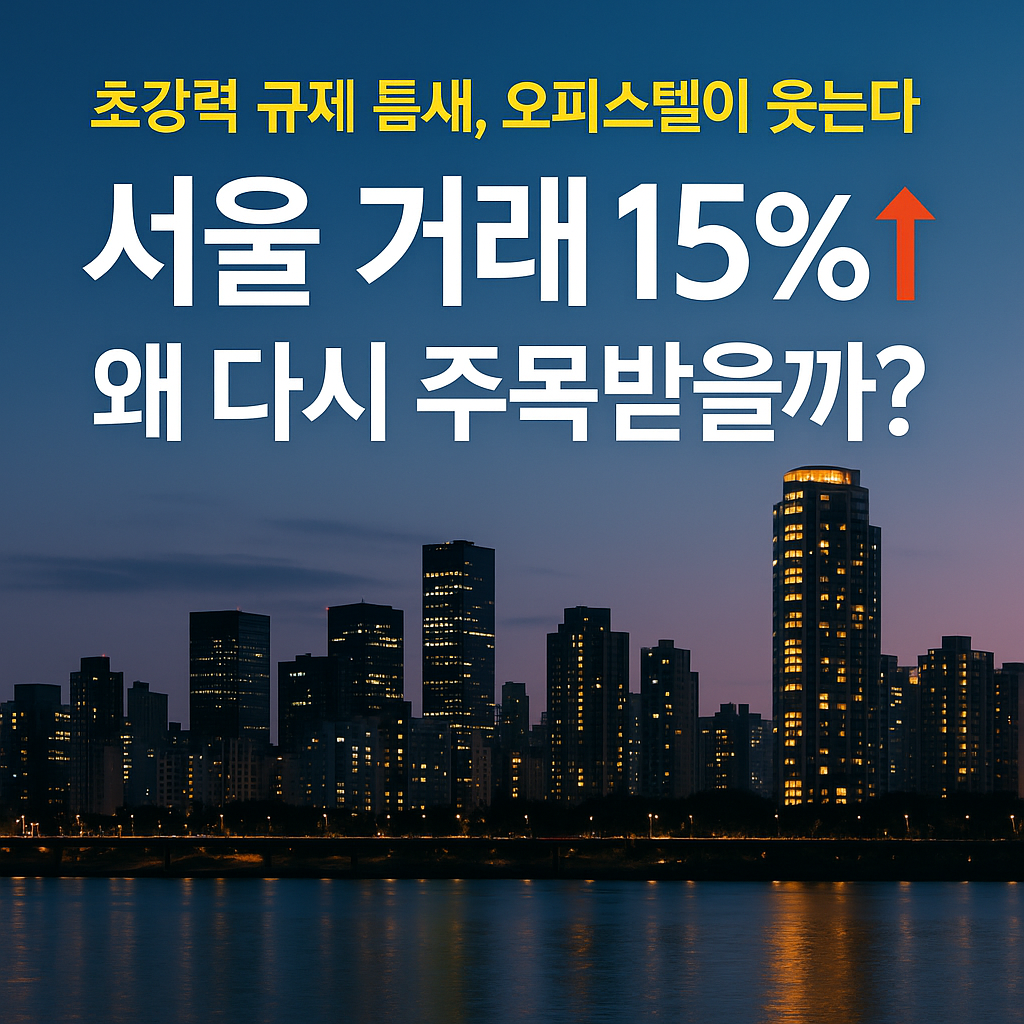 “서울 도심 야경 전경 — 한강변 고층 오피스텔 건물들이 불빛을 밝히고 있으며, ‘초강력 규제 틈새, 오피스텔이 웃는다. 서울 거래 15%↑ 왜 다시 주목받을까?’라는 문구가 들어간 부동산 투자 관련 썸네일 이미지.”