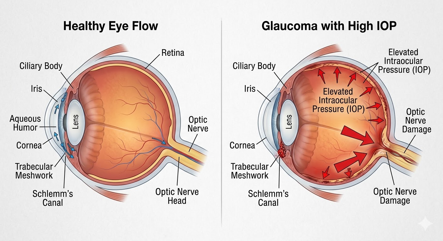 안압의 상승으로 안구 뒤편의 시신경이 짓눌리는 과정