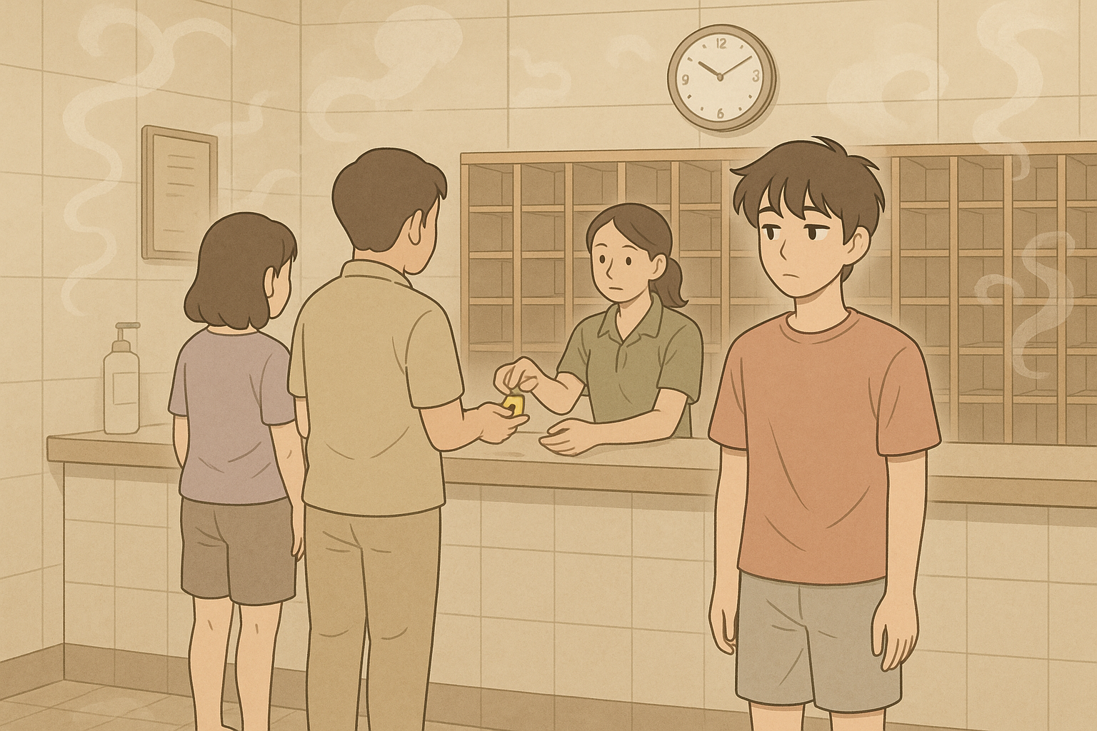 보고하고 가세요 썸네일, 대중 목욕탕 카운터