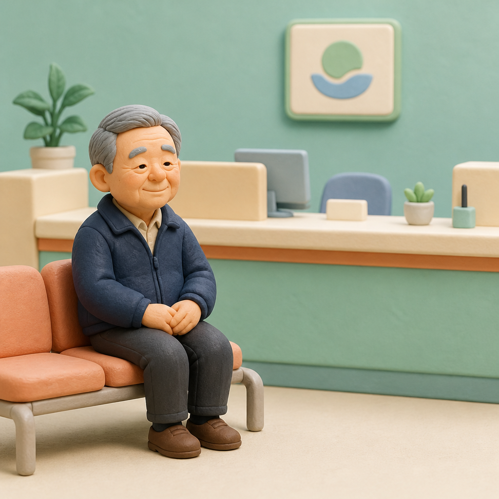 동네 은행 창구 앞에서 상담 순서를 기다리는 60대 남성