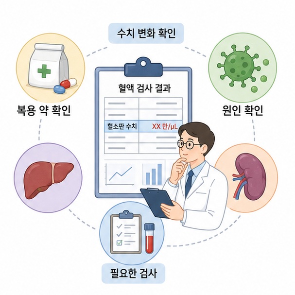 혈소판 감소 원인을 확인하기 위해 혈액검사 결과와 복용 약, 건강 상태를 함께 살펴보는 이미지