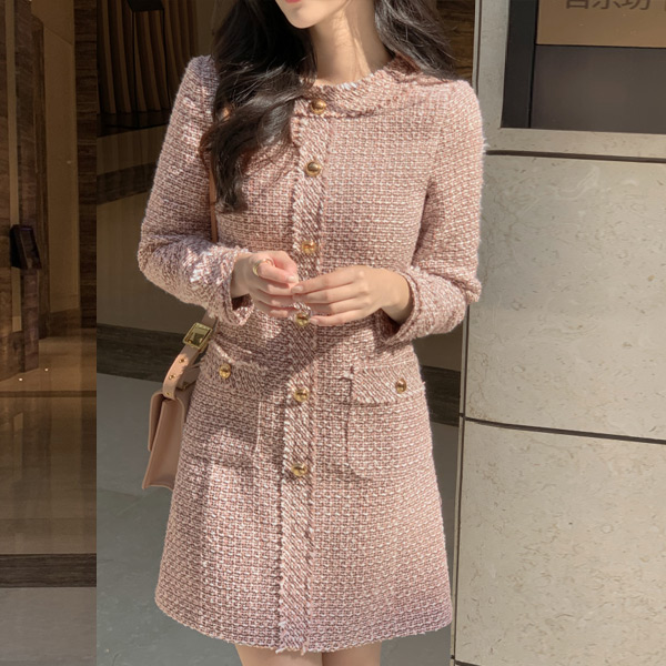 아뜨랑스 엘리 금장버튼 트위드 원피스 op8151