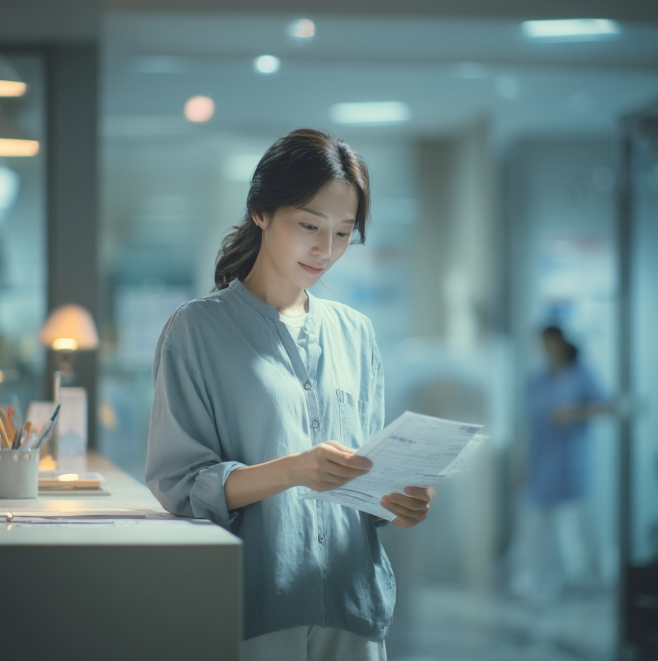 건강검진 자료를 보는 여성