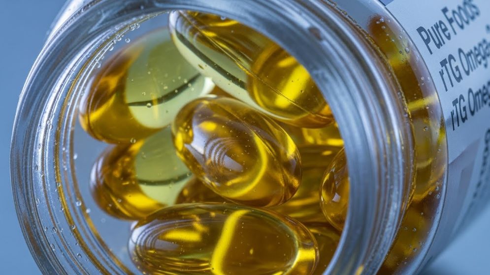 블리스터 팩이나 고품질의 밀폐 유리병에 담긴 여러 '퓨어 푸드 rTG 오메가-3' 소프트젤의 생생한 매크로샷 사진입니다.