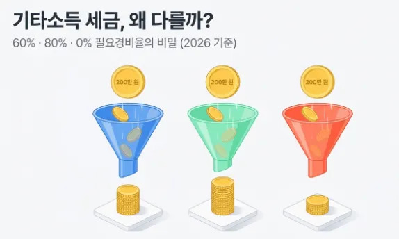 기타소득 필요경비율 항목별 정리표라는 제목의 대표 이미지. 기타소득 세금 왜 다를까라는 문구와 함께 60%&middot;80%&middot;0% 필요경비율의 비밀이라는 부제가 표시되어 있으며 동일한 200만 원이 세 개의 깔때기를 통과하면서 필요경비율에 따라 남는 금액이 달라지는 과정을 시각적으로 보여주는 인포그래픽 이미지. 이 이미지는 같은 기타소득이라도 항목별 필요경비율 차이로 원천징수 세금과 실수령액이 크게 달라진다는 핵심 정보를 전달하며 블로그의 기타소득 종류별 필요경비율 비교와 관련된 내용을 설명함