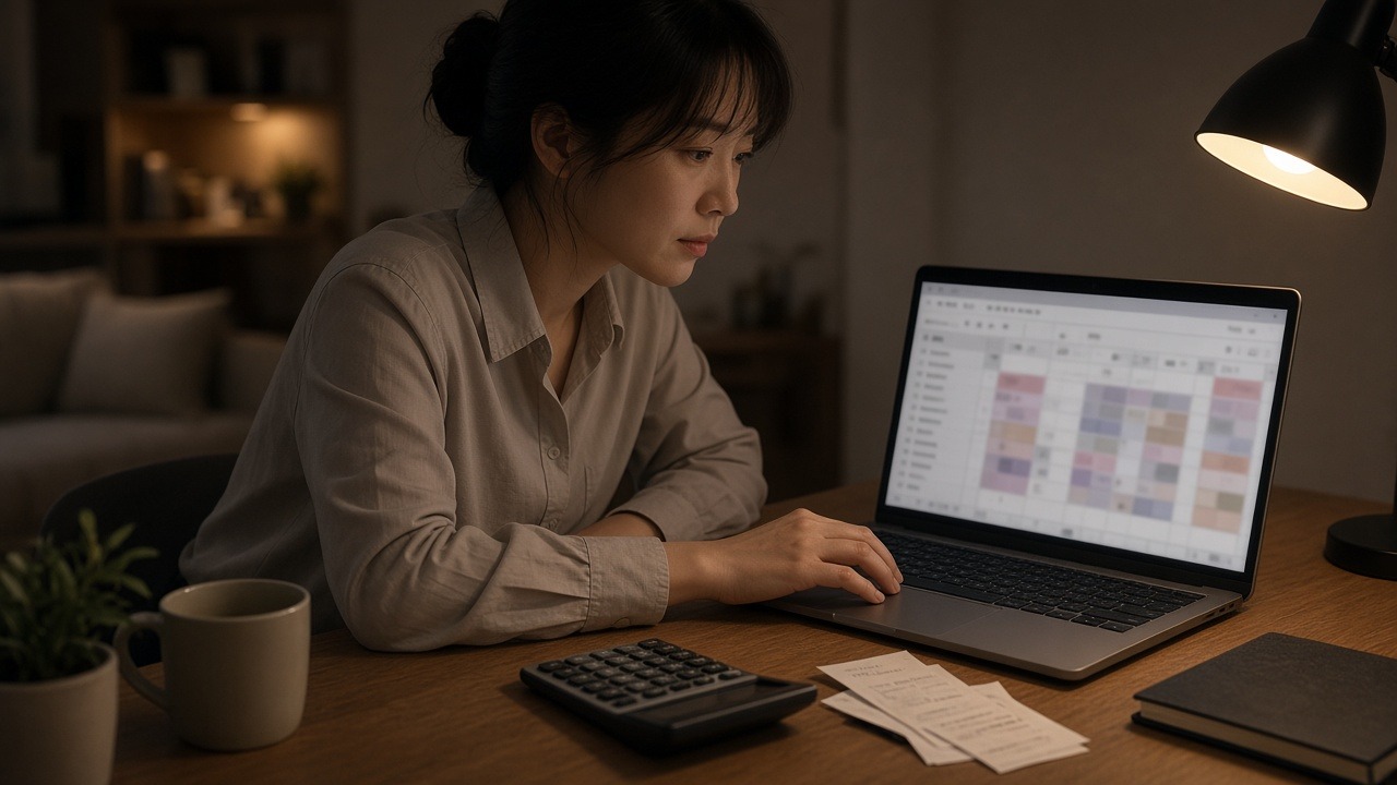 퇴근 후 집 책상에서 노트북으로 연말정산 예상 금액을 계산하는 30대 직장인
