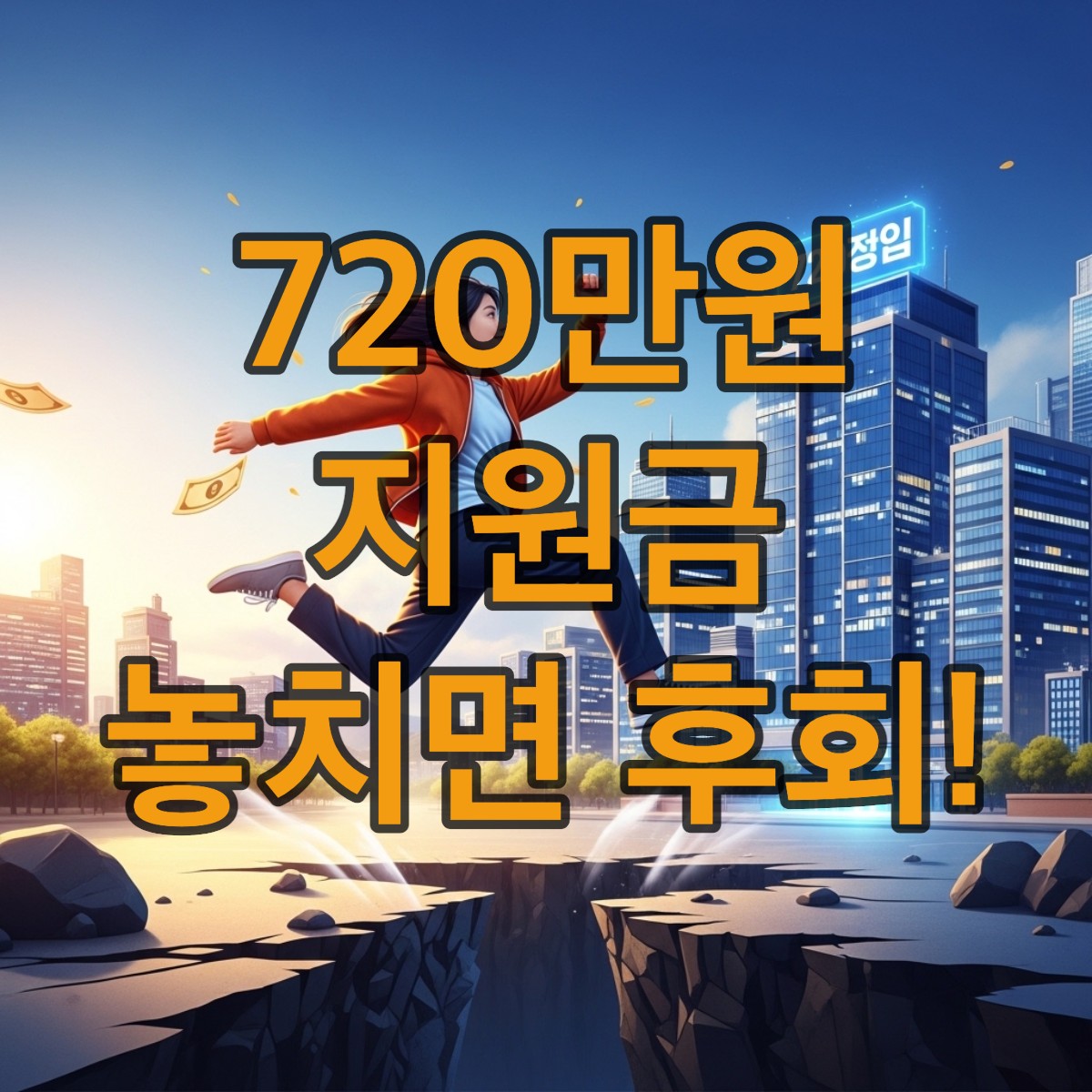 희망찬 청년이 720만원 지원금을 상징하는 빛나는 문을 향해 도약하는 모습, 새로운 일자리 기회와 재정적 성공을 나타냄.