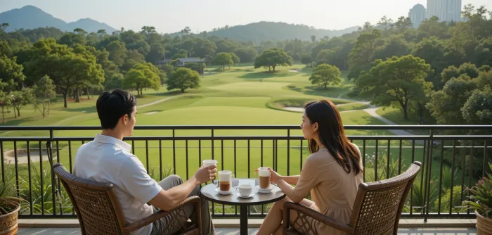 부부가 함께 테라스에서 커피를 마시는 모습