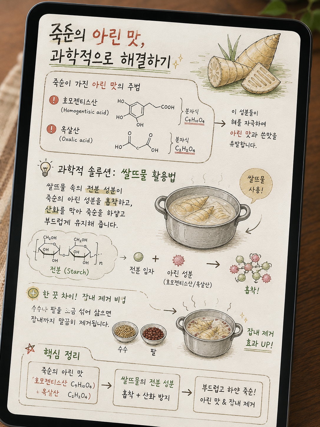 아이패드 프로크리에이트 앱 화면을 담은 일러스트. 죽순의 아린 맛을 유발하는 주범인 '호모젠티스산($C_9H_{10}O_4$)'과 '옥살산($C_2H_2O_4$)'의 화학식을 보여주고, 이 성분들이 혀를 자극해 아린 맛과 쓴맛을 만든다는 점을 설명한다. 해결책으로 쌀뜨물의 전분 성분이 아린 성분을 흡착하고 산화를 방지하는 과학적 원리를 도식화했다. 또한 수수나 팥을 섞어 삶으면 잡내 제거 효과가 더 커진다는 보라카이만의 한 끗 비법을 담았다. 마지막으로 죽순의 아린 맛 성분이 쌀뜨물의 전분과 만나 흡착되고, 결과적으로 부드럽고 하얀 죽순이 완성되는 과정을 정리한 조리 과학 정보 전달형 일러스트이다.