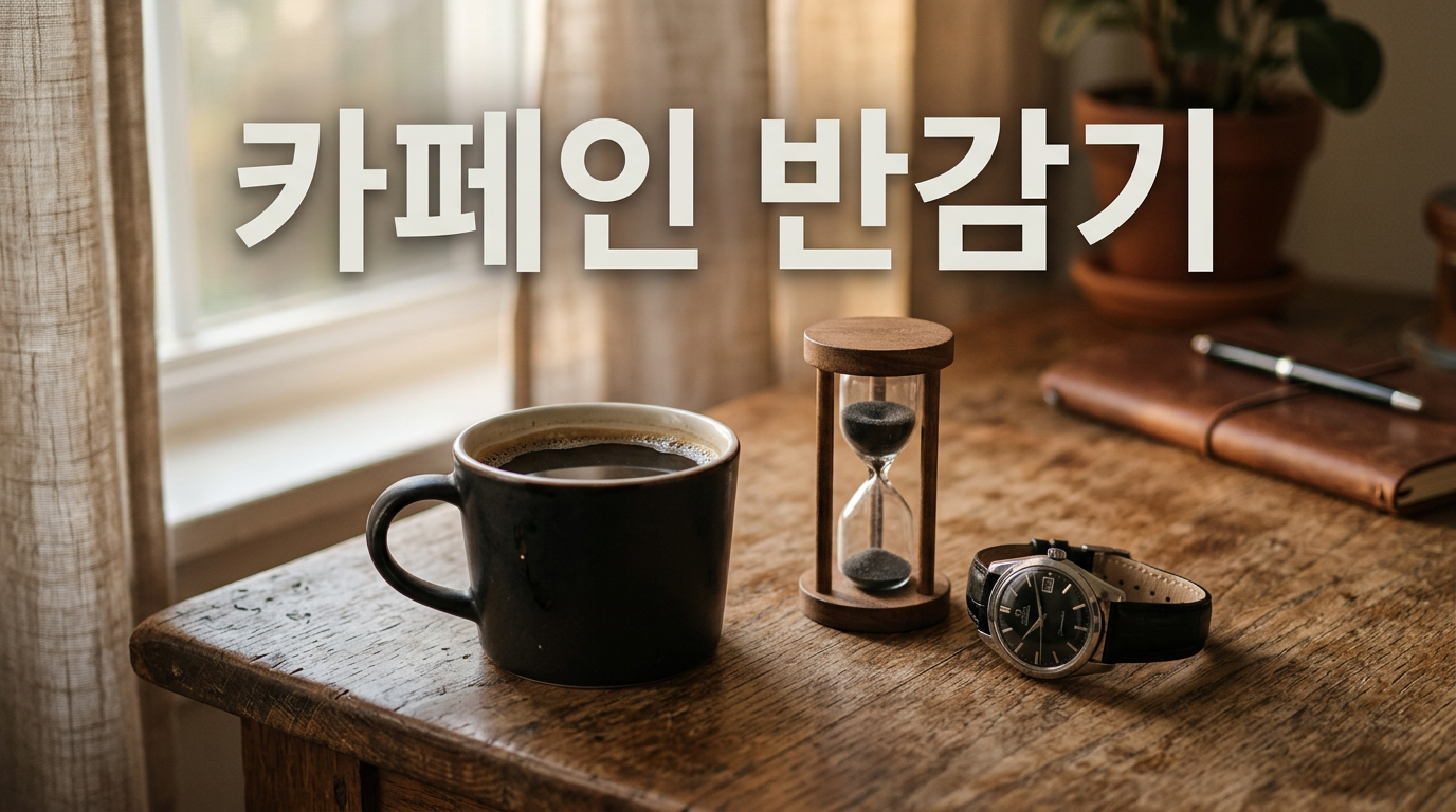 카페인 반감기를 보여주는 커피잔과 모래시계 사진