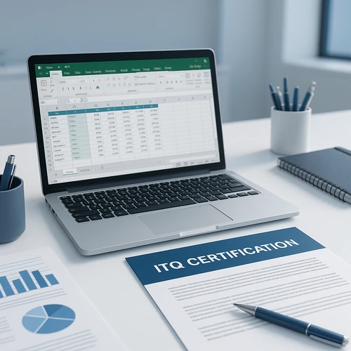 ITQ 자격증 개념을 나타내는 현대적인 사무실 작업공간과 엑셀 화면이 표시된 노트북