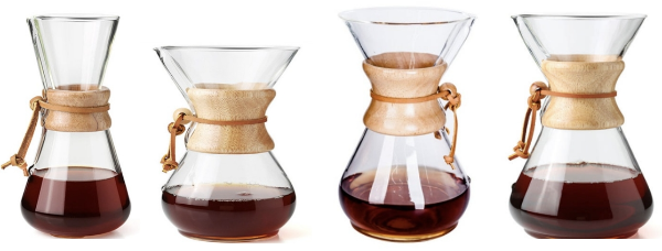 네 개의 케맥스 드리퍼가 있다. 각 용량은 차이가 난다.