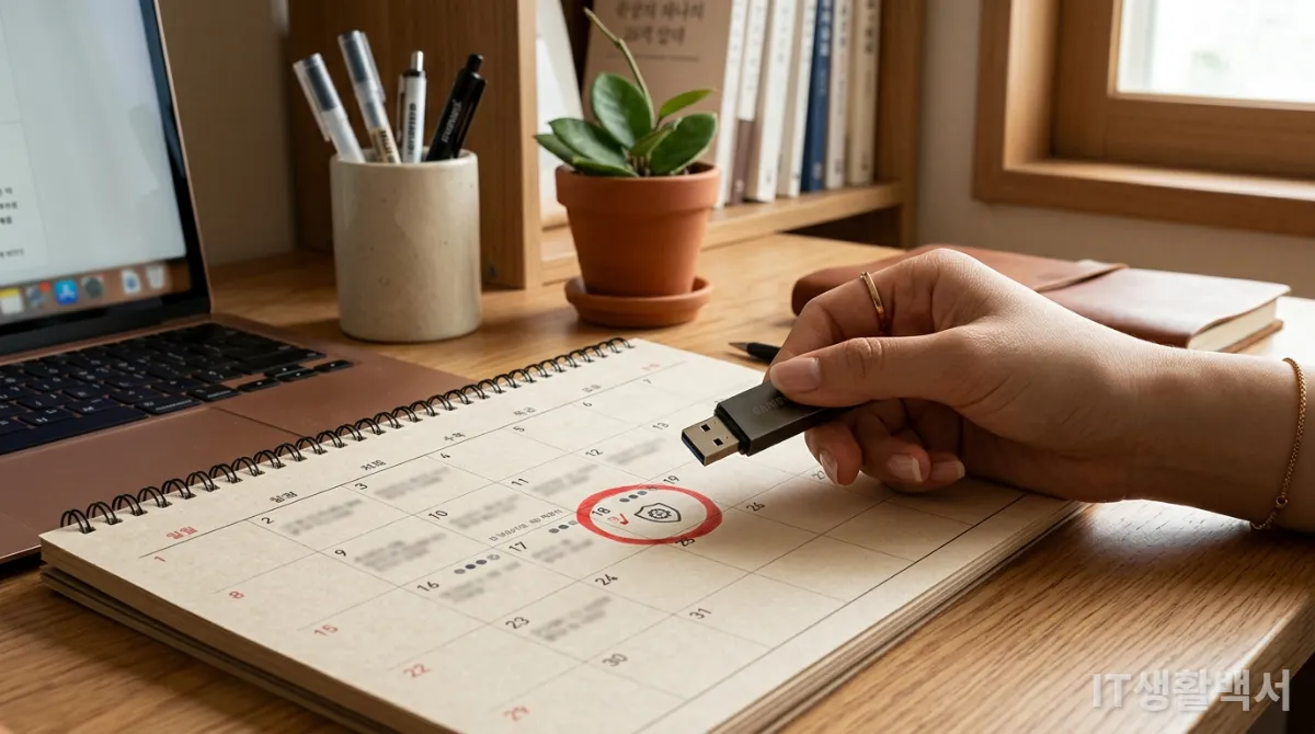 달력에 표시된 인증서 갱신일과 USB를 들고 있는 손