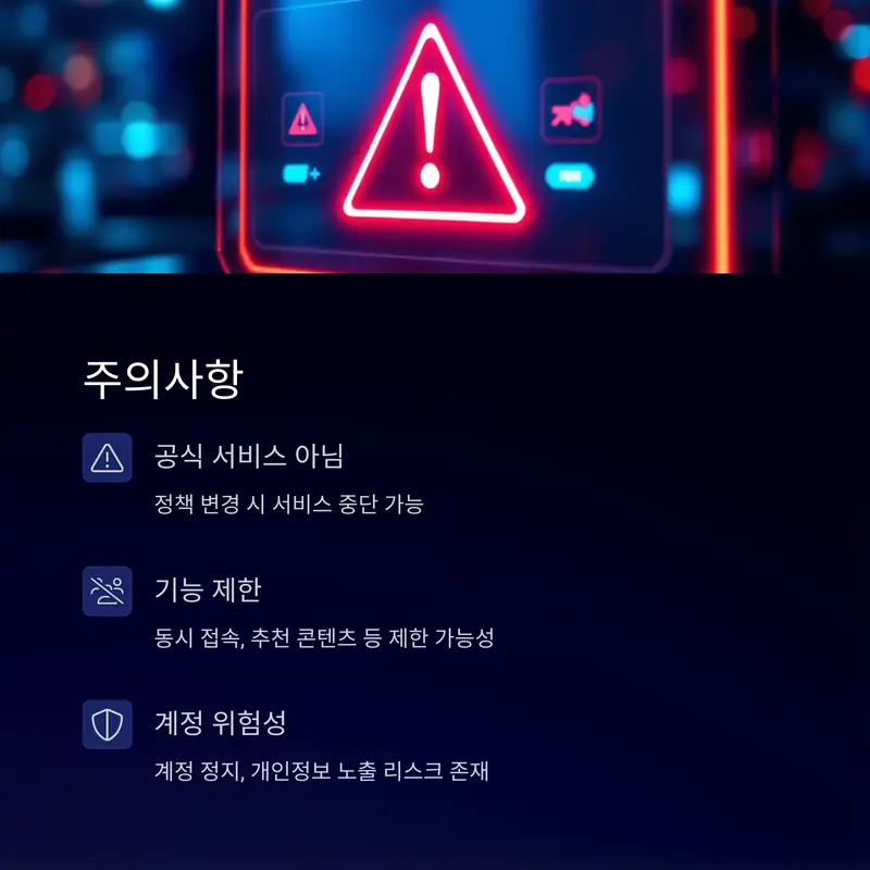 계정 공유 플랫폼 사용 시 주의사항 안내, 정책 위반&middot;기능 제한&middot;개인정보 노출 리스크 강조