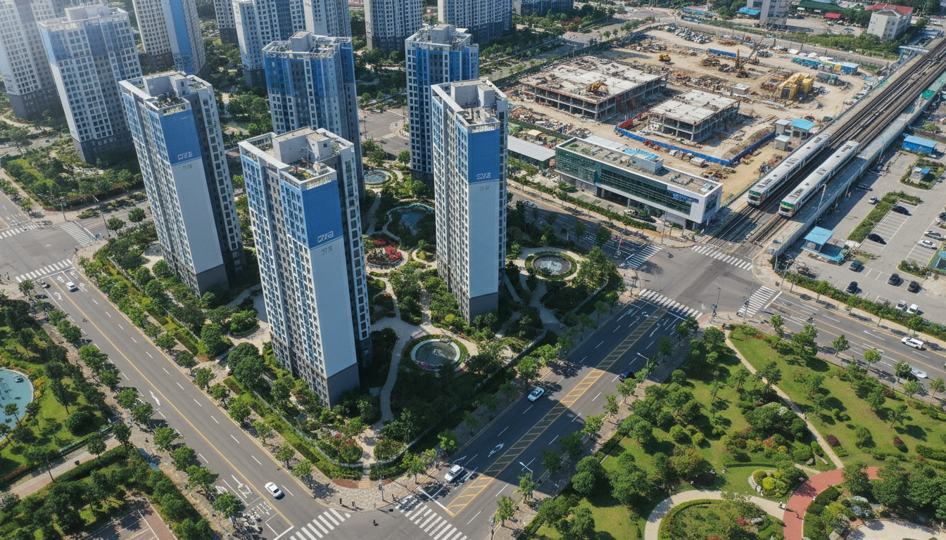 2026년 맑은 날씨의 루원시티 대성베르힐 더센트로 아파트 단지 전경과 주변 도로 및 지하철역 인프라 모습