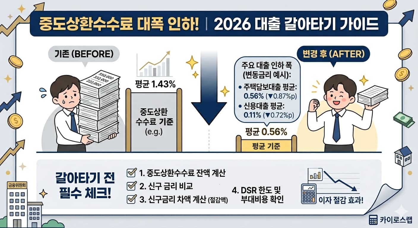 중도상환수수료 대폭 인하! 2026 대출 갈아타기 가이드 인포그래픽 - 기존 1.43%에서 0.56%로 인하, 갈아타기 전 필수 체크리스트 4가지
