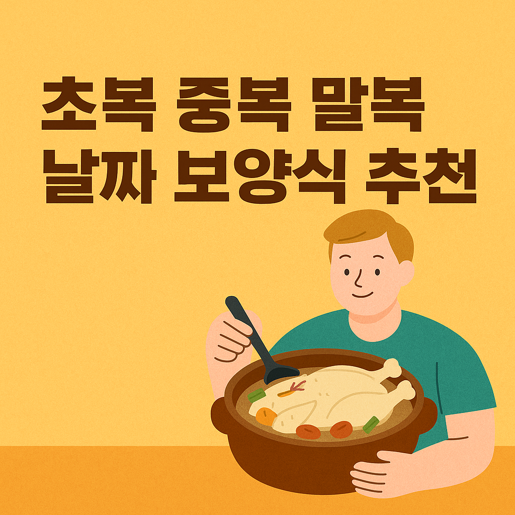 초복 중복 말복 날짜 보양식 추천 썸네일 - 삼계탕을 먹는 남성 일러스트와 노란 배경의 안내 이미지