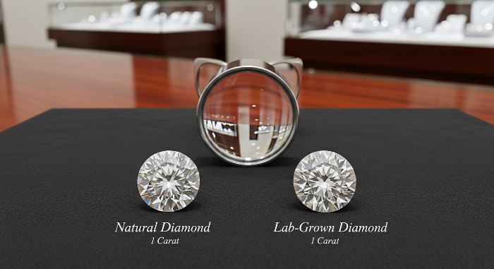 육안으로 구별 불가능한 1캐럿 천연 다이아몬드와 랩 다이아몬드가 나란히 놓여 있는 모습. 확대경이 그 위를 비추고 있습니다.