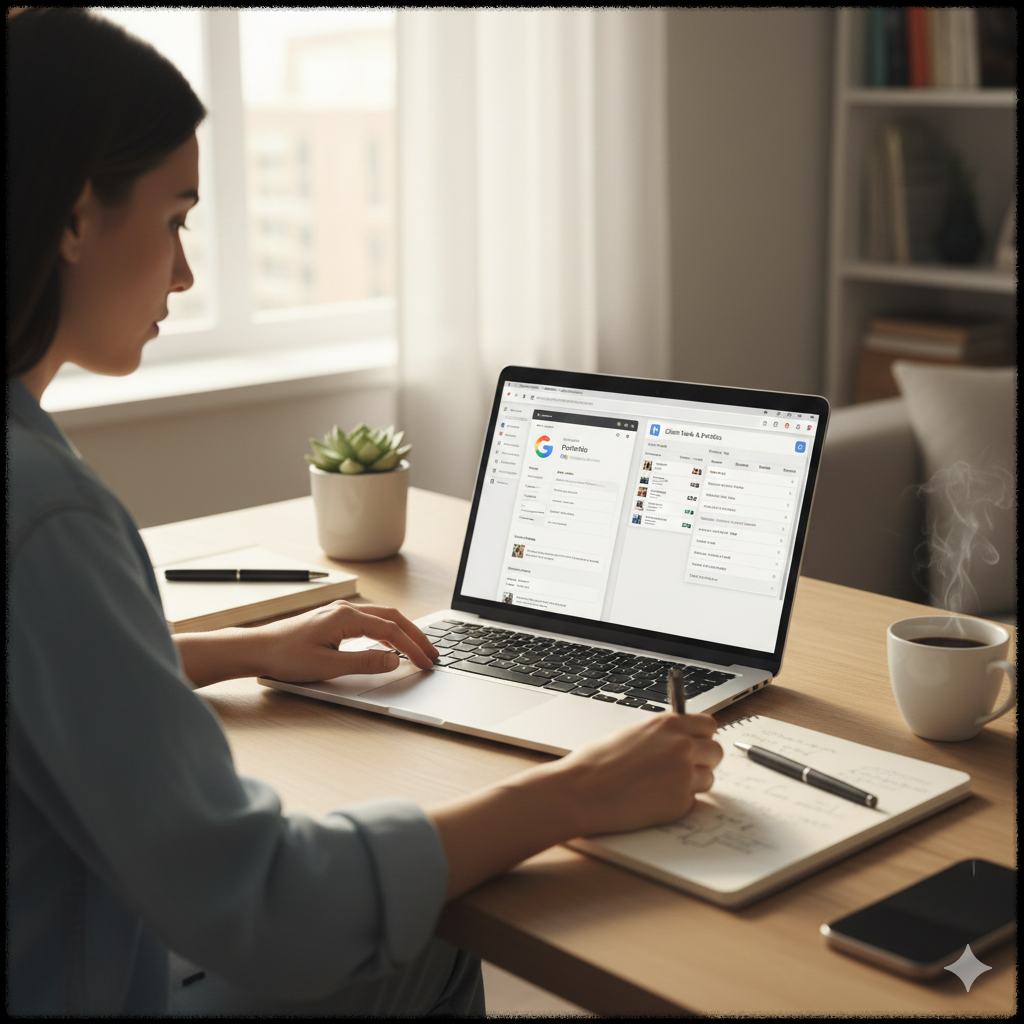 프리랜서가 포트폴리오와 작업 결과물을 정리하는 모습