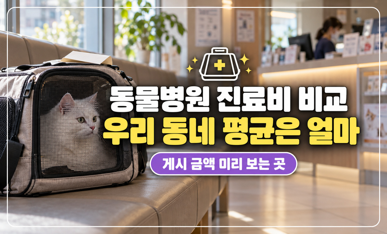 동물병원 대기실 의자에 놓인 이동장 속 흰 고양이와 진료비 메모
