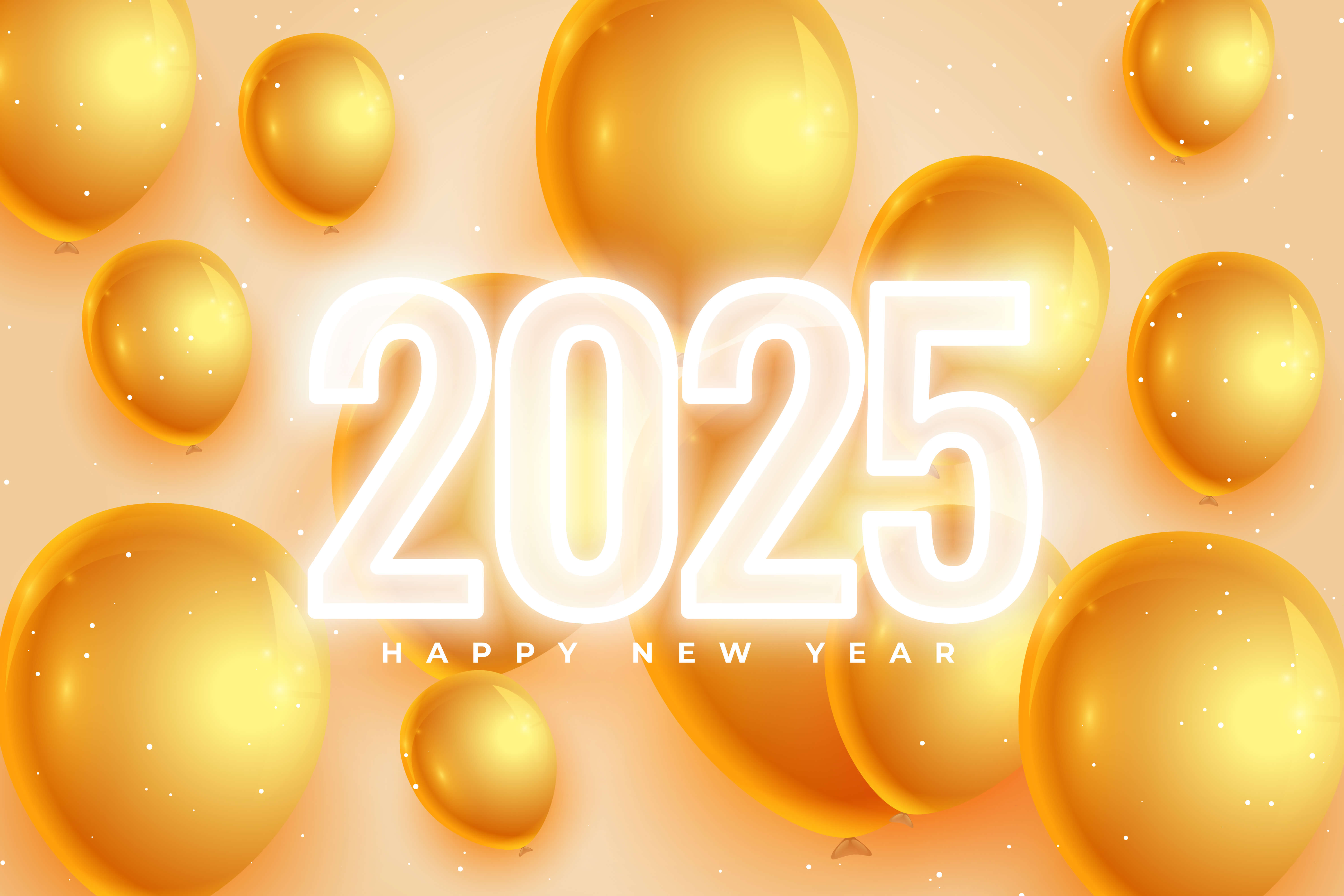 2025년을 알리는 숫자 2025와 배경으로는 황금빛 풍선들이 여러개 있다.