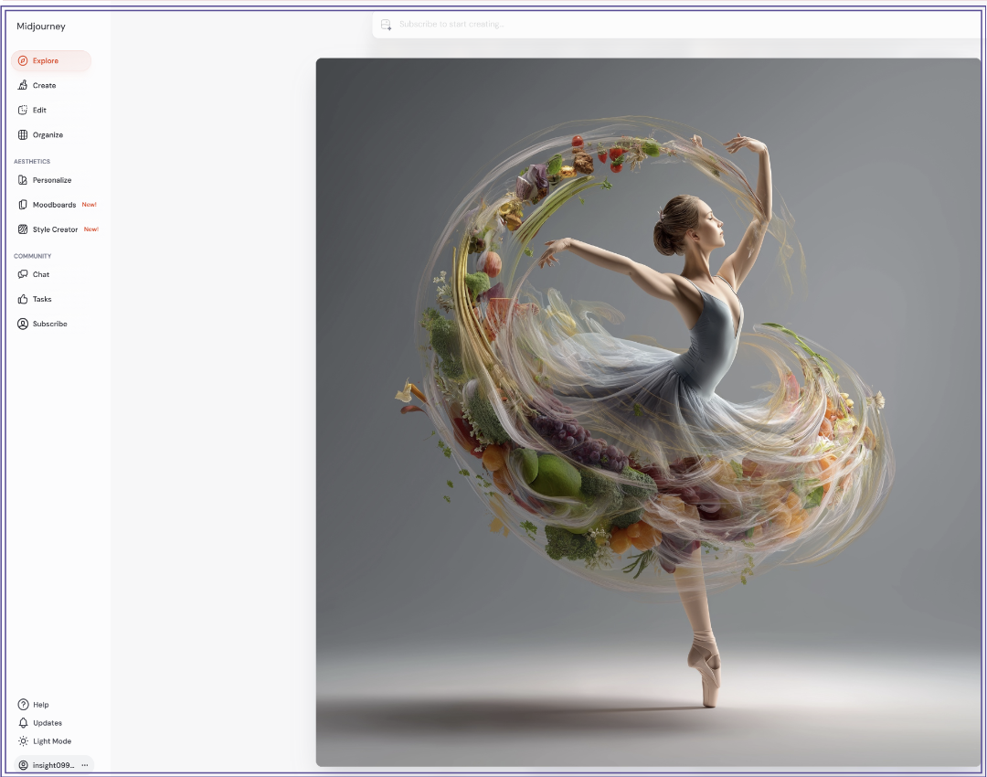 발레리나가 과일과 꽃으로 이루어진 화려한 소용돌이 속에서 우아하게 점프하는 모습을 표현한 미드저니 시네마틱 아트 이미지