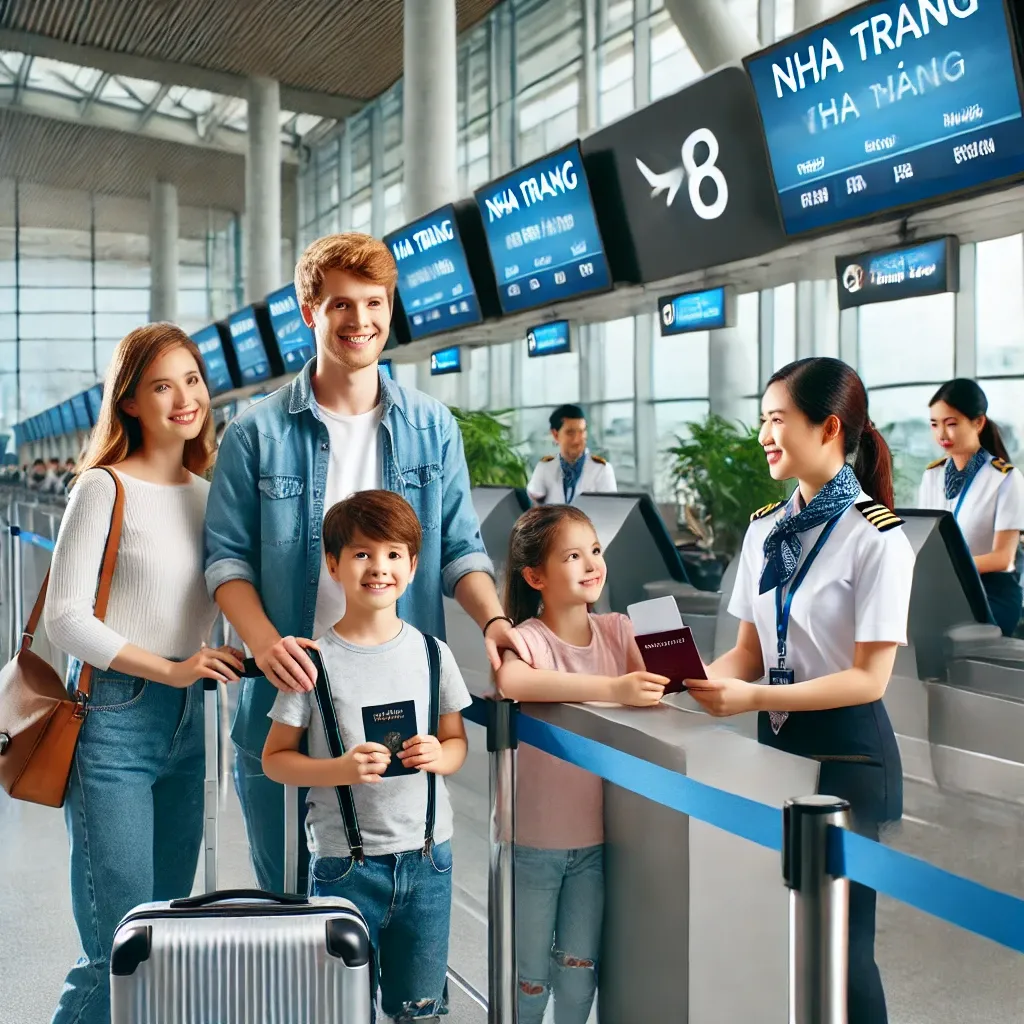 공항 카운터에서 나트랑행 비행기 체크인을 하고 있는 가족.