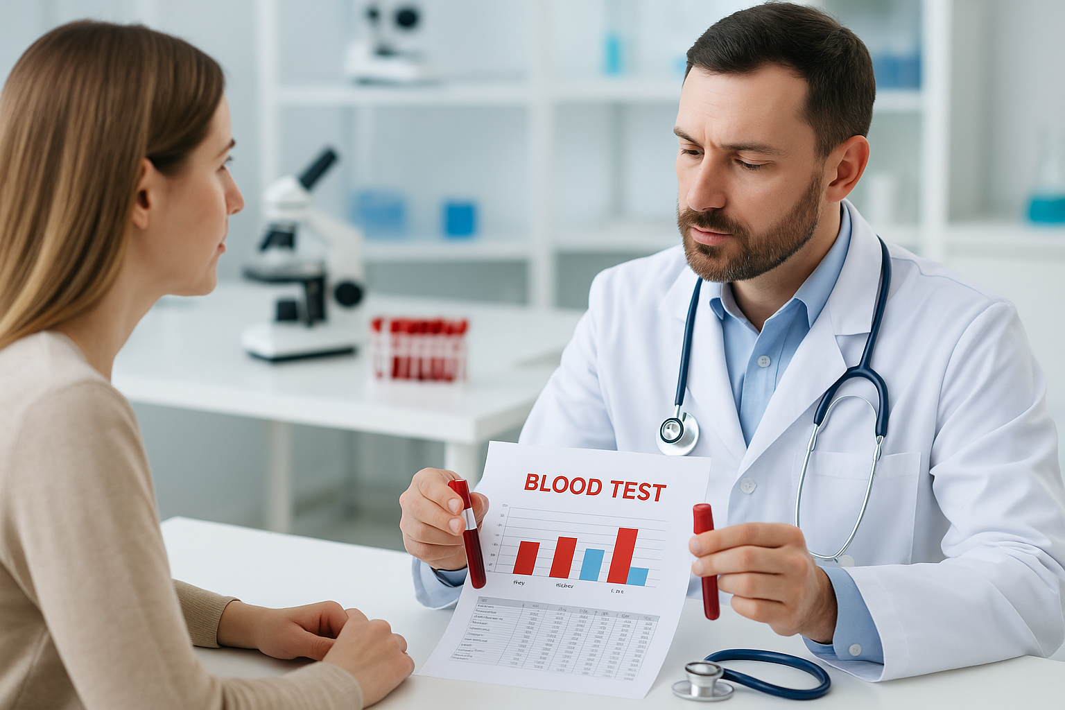 의료진이 혈액검사 수치를 환자에게 설명하는 진료실 장면