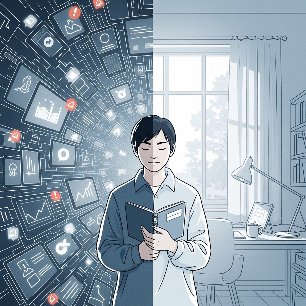 디지털 혼란에서 벗어나 평온하고 집중된 모습으로 변화하는 사람. 주변의 수많은 스마트폰 알림과 화면 대신, 깔끔한 책상에서 목표를 향해 나아가는 차분한 표정의 인물.
