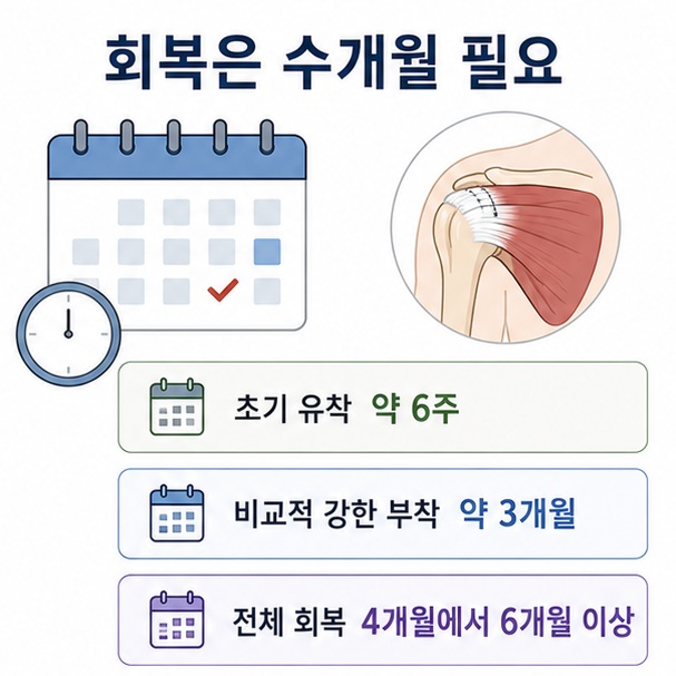 회전근개 봉합 후 초기 유착부터 전체 회복까지 수개월이 걸리는 과정을 달력과 어깨 힘줄 그림으로 표현한 이미지
