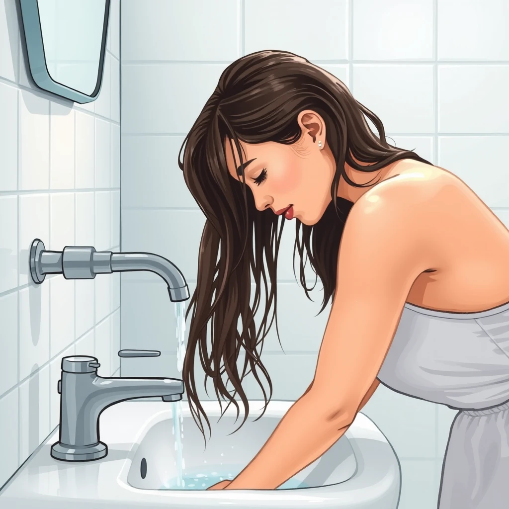 세면대에서 머리를 감고 있는 여성의 모습