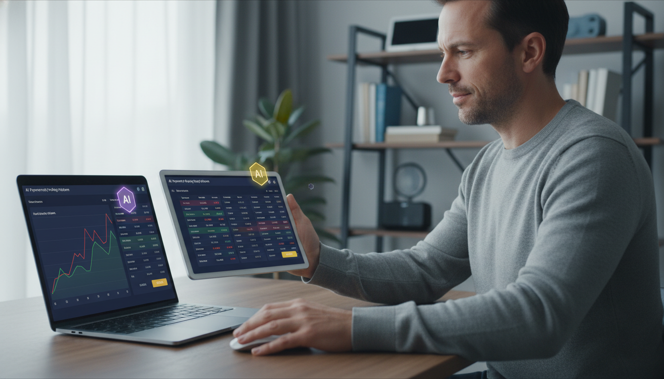 개인 투자자가 AI 기반 자동매매 시스템을 활용하여 주식 거래를 하는 모습. 태블릿 화면에는 간소화된 차트와 데이터가 표시되고, 보라색 AI 아이콘이 스마트한 투자를 돕는 것을 나타냅니다.