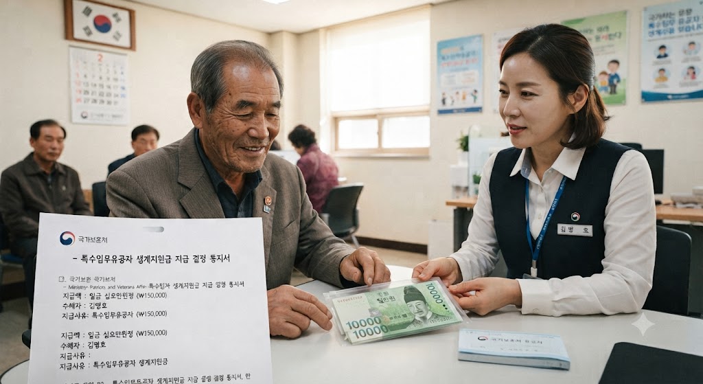 생계가 어려운 특수임무유공자가 월 15만 원 지원금 받는 모습