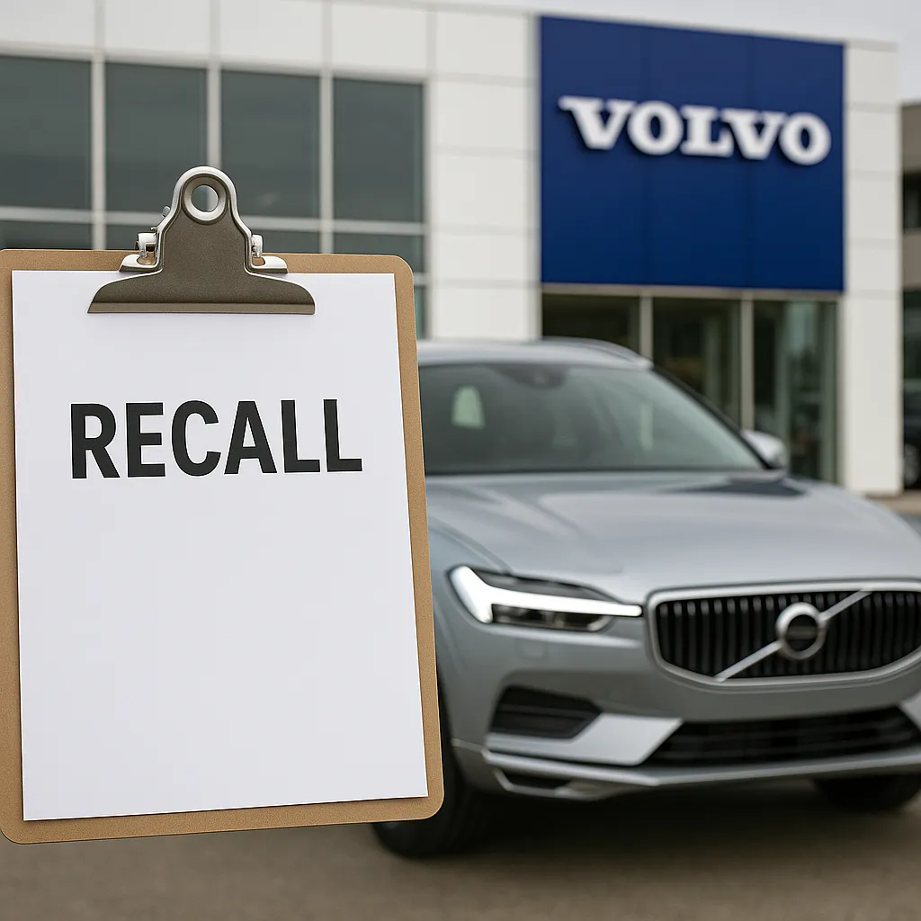 볼보 딜러십 앞 리콜 안내판이 있는 사진